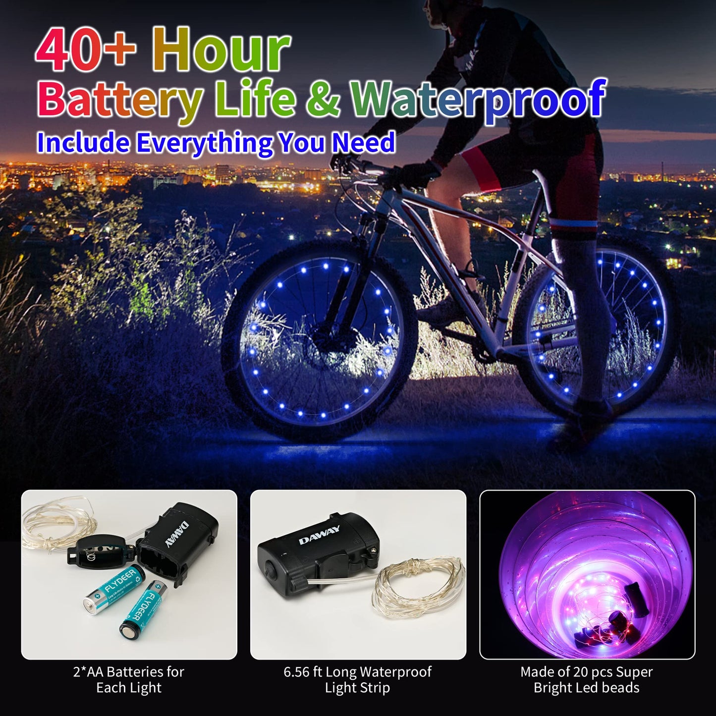 DAWAY A01 LED Bike Wheel Lights (2 Tires, Blue) - Bright Bicycle Spoke Lights, 2 Modes, Waterproof Safety Bike Tire Lights, Fun Night Riding Accessories, with Batteries for Kids & Adults