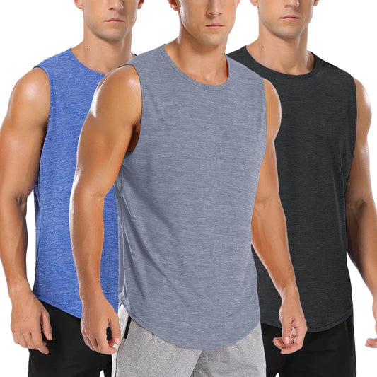 Amussiar Men's 3 Pack Tank Tops Running Sleeveless Gym Shirts Fitness Workout Muscle Tee Shirts (Black/Grey/Blue Large)