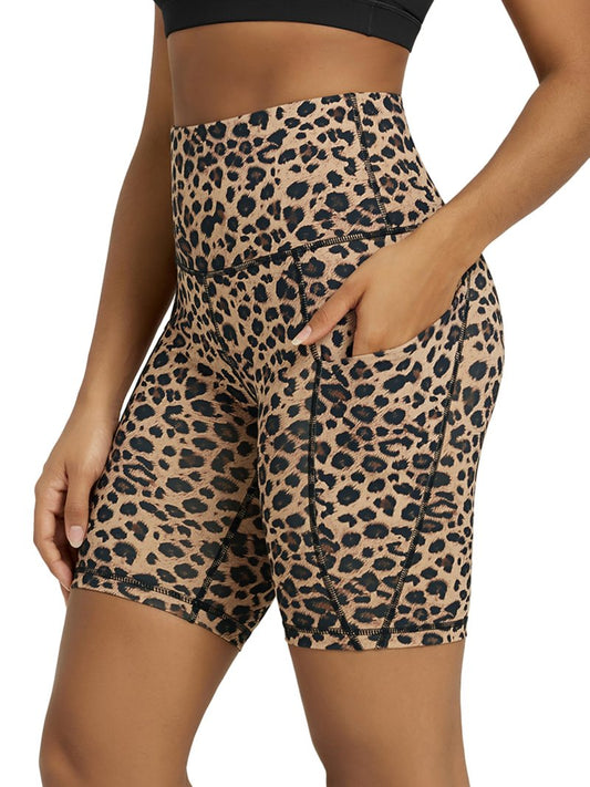 ODODOS 8" Tummy Control Biker Shorts for Women with Pockets High Waist Running Workout Athletic Yoga Shorts, Leopard, Large