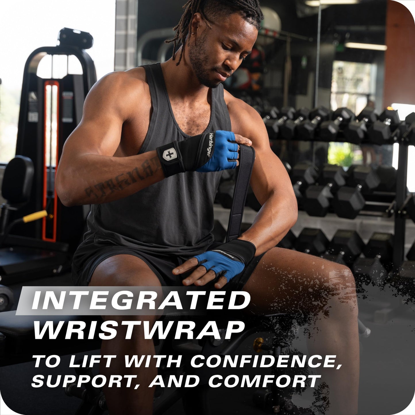 Harbinger Training Grip Wrist Wrap Gloves - Enhanced Grip & Wrist Support, Breathable Lycra Back, Padded Leather Palm, Half-Finger Design, Quick Pull Tabs, Ideal for Weightlifting, Blue, Large