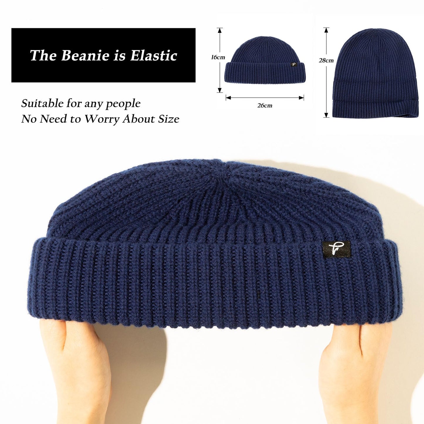 Oversize L/XL/XXL Merino Wool Blend Short Fisheman Beanie Lightweight Warm Hat for Cold Weather Winter (US, Alpha, XX-Large, Navy)