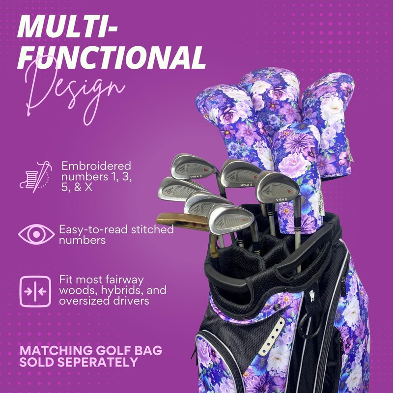 Taboo Fashions Designer Resort Golf Club Covers for Women - Numbered Golf Headcovers Set for Driver, Woods & Hybrid - Weather/Moisture Resistant Protection, Pack of 4 (Purple Petals)