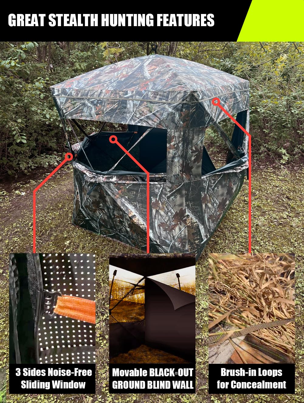 THUNDERBAY See Through Hunting Blind 270 Degree with Carrying Bag & Ground Stakes, Portable 2-3 Person Pop Up Ground Blinds, Durable See Thru Hunting Tent for Deer & Turkey Hunting