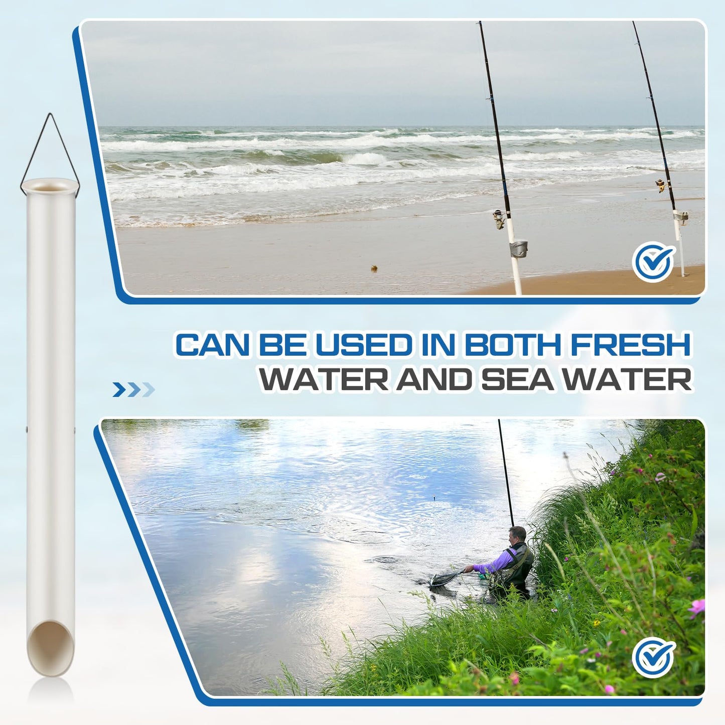 DoubleFill 2 Pack Tubular Sand Spikes for Surf Fishing 22 Inch PVC Surf Shore and Beach Fishing Rod Holder Sand Spike for Beaches, Rivers and Sandy Beaches