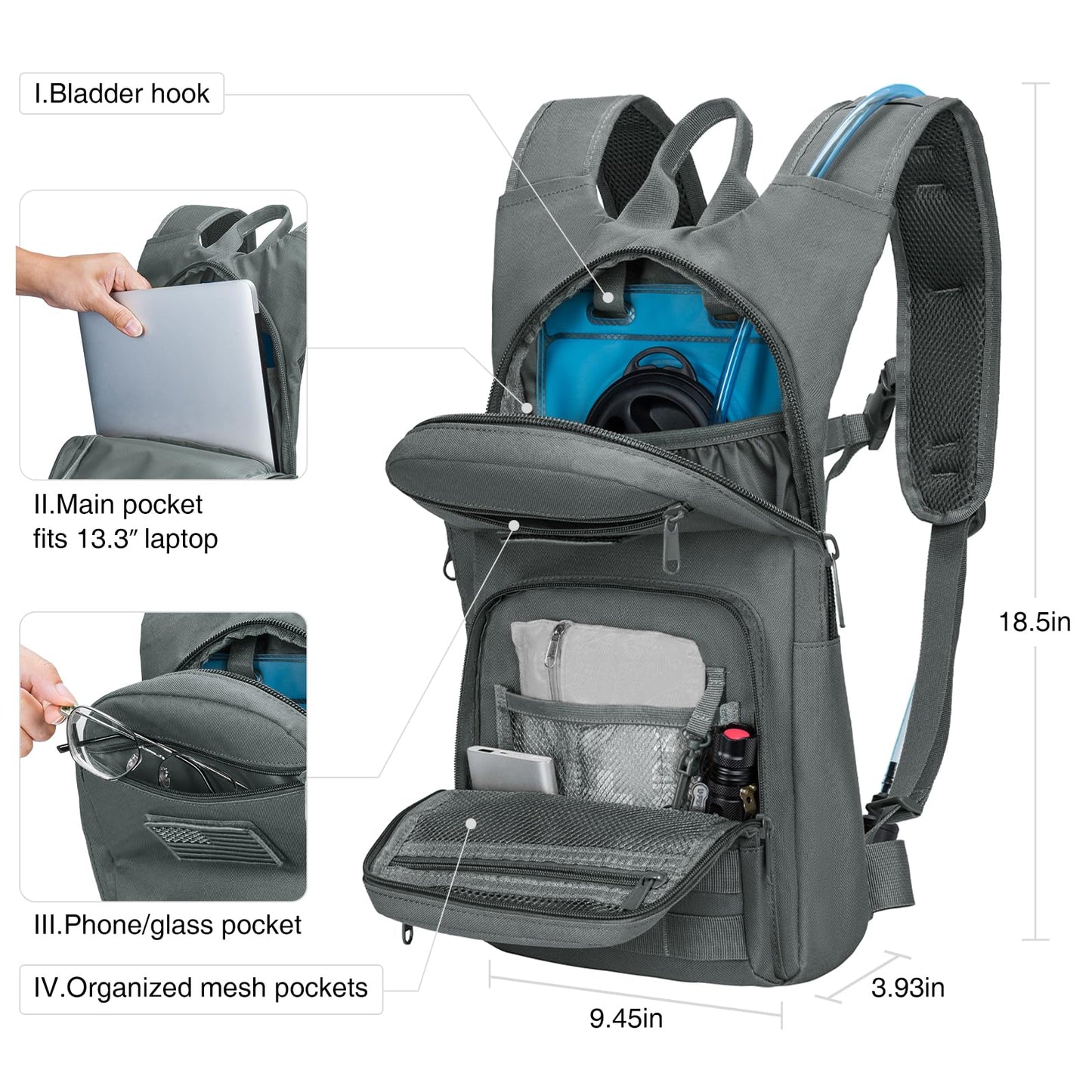 NOOLA 3L Hydration Backpack, Water Backpack with TPU Water Bladder, Tactical Hydration Pack for Men Women, Molle Water Backpack for Hiking, Biking, and Hunting, Grey
