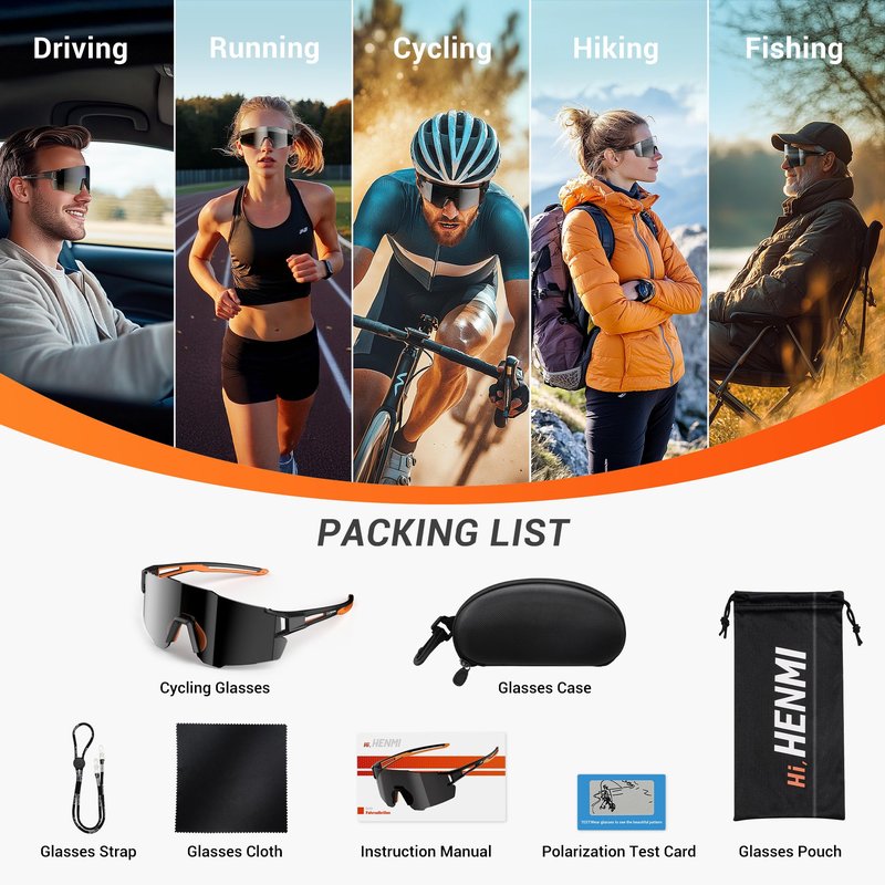 HENMI Polarized Sports Sunglasses for Mens Womens Cycling Bike Glasses,Baseball Running Fishing and Driving UV400 Protection