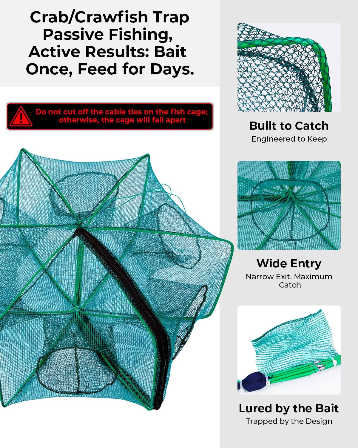 Collapsible Crab Trap - 3 Pack Hexagon Crawfish & Bait Net | 12"x21" with 1" Entry Holes, Portable Galvanized Steel