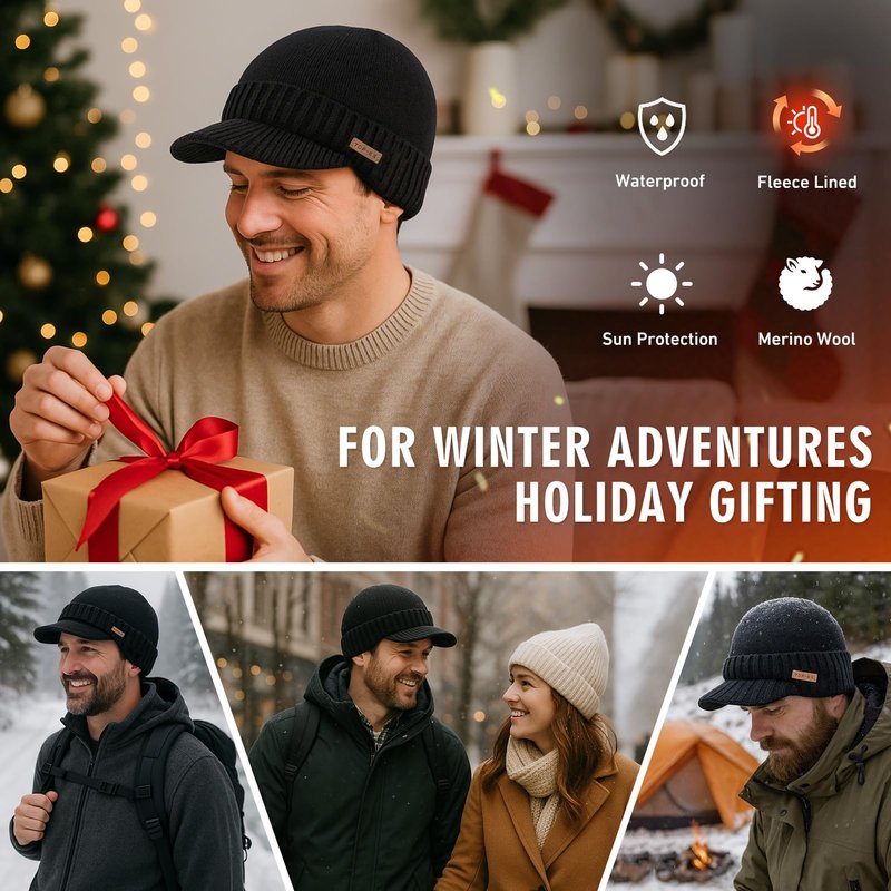 TOP-EX Waterproof Fleece Lined Beanies Hats with Brim for Men Winter Merino Wool Warm Cold Weather Thermal Knit Visor Cap Outdoors Snow Big Head Black Medium Large M L