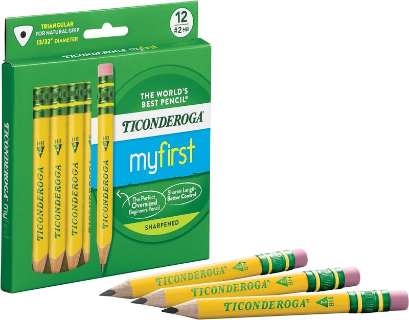 Ticonderoga My First Half-Size Wooden Pencils - Large Triangle-Barrel Pre-Sharpened #2 HB Yellow Pencils with Erasers | 4.5" | 12-Pack