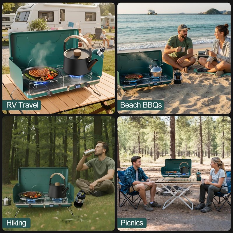 GOSPOWOR 2-Burner Propane Stove, Portable Camping Cooktop with 2 Adjustable Burner and Wind Guards, 20000BTU Camping Stove with Ignition & Griddle for Camping,Tailgating, BBQ, Grilling,Outdoor Gear