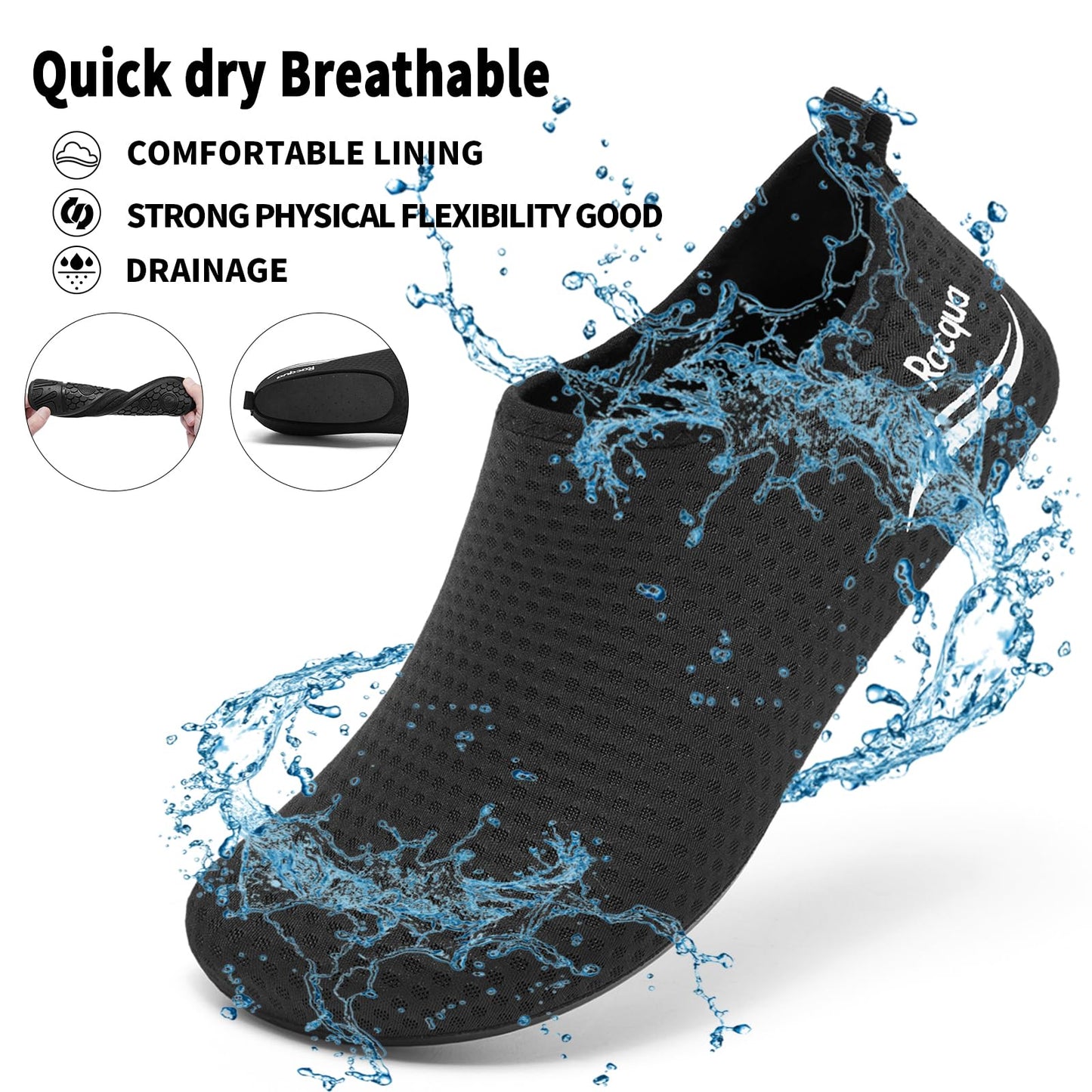 Racqua Water Shoes Swim Sea Pool Beach Shoes Aqua Lightweight Socks Shoes Non-Slip Breathable Quick-Dry Shoes for Men Women Black
