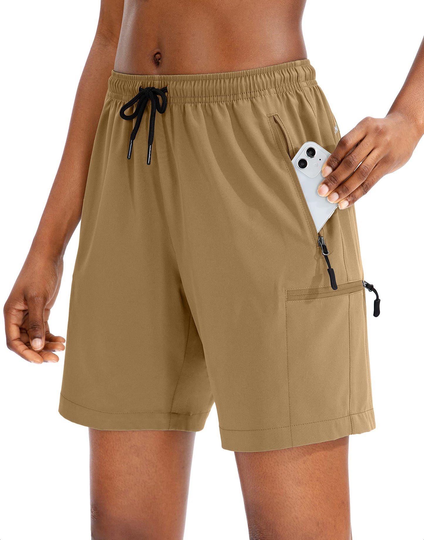 SANTINY Women's 5''/ 7''/9'' Hiking Cargo Shorts Quick Dry Lightweight Summer Shorts for Women Athletic Golf Zipper Pockets(Dark Khaki_L)
