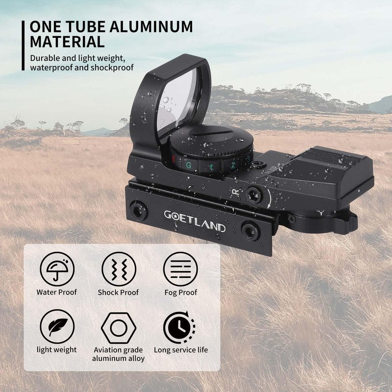 Goetland Reflex Sight Adjustable 4 Reticle Patterns Green Red Dot Illuminated 33mm Lens with 20mm Rail for Airsoft Tactical Hunting