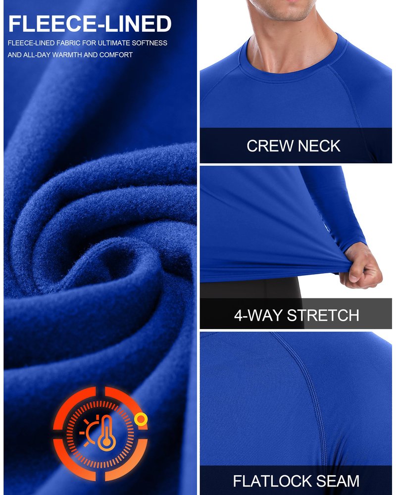 EoBeKee Mens Thermal Compression Shirts, Warm Long Sleeve Fleece Lined Tops Athletic Base Layer for Running Cold Weather Royal Blue