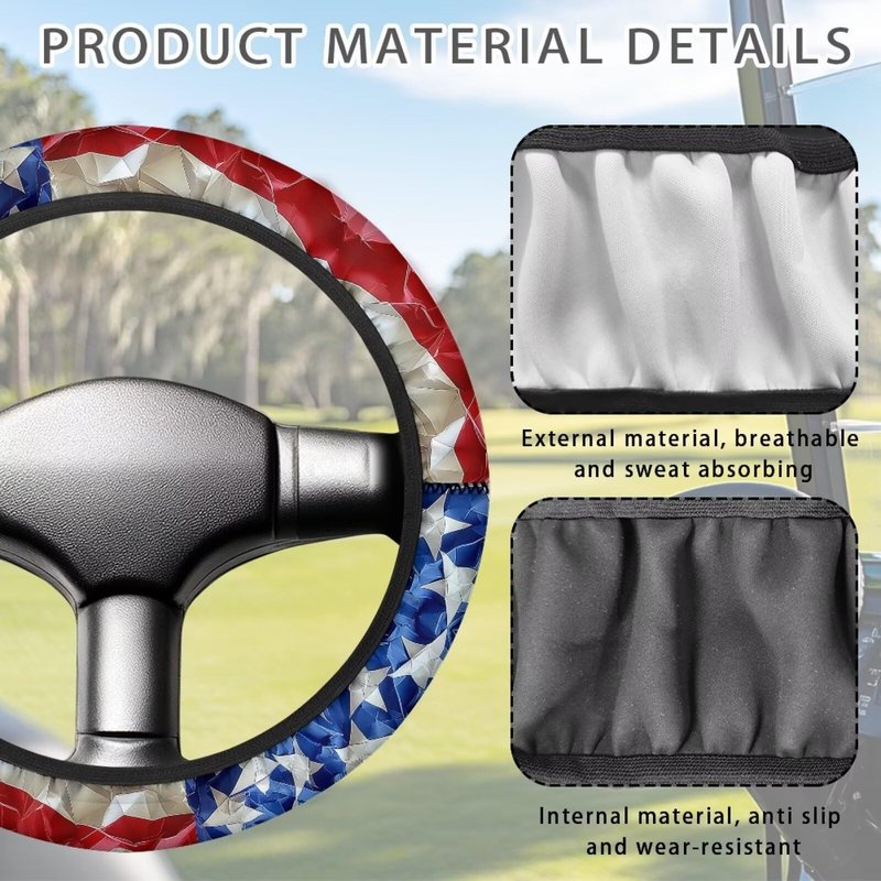 Qiyupavto American Flag Golf Cart Steering Wheel Cover Sweat-Absorbent Non-Slip Steering Wheel Protector Universal Golf Cart Accessories 4th of July Patriotic Decorations