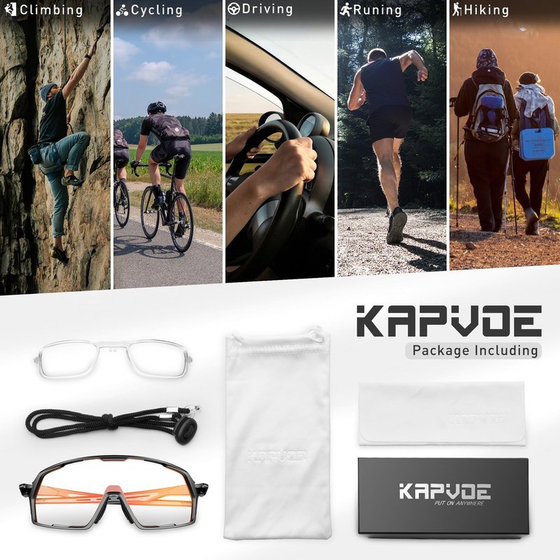 KAPVOE Photochromic Cycling Glasses Sports Sunglasses for Men Women UV400 Protection Bicycle MTB Mountain Bike Sunglasses