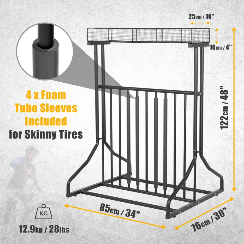 CyclingDeal 3 to 5 Bike Floor Parking Rack with Storage Basket - for Storing 20"-29" MTB Road Hybrid Kids Bikes - Bicycle Storage in Garage at Home