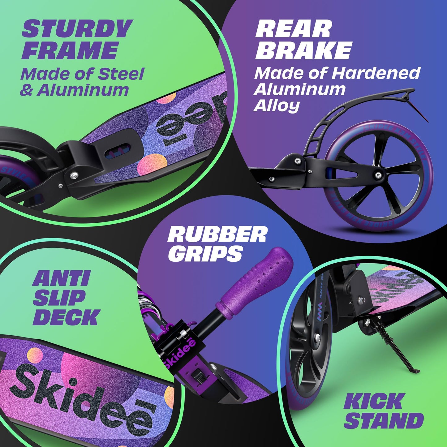 Skidee Kick Scooter for Kids Ages 6+ - Adjustable Handlebar Up to 41" High, Large Wheels, Anti-Shock Suspension - Foldable, Lightweight Scooters for Kids, Teens & Adults, Max Load 220 Lbs