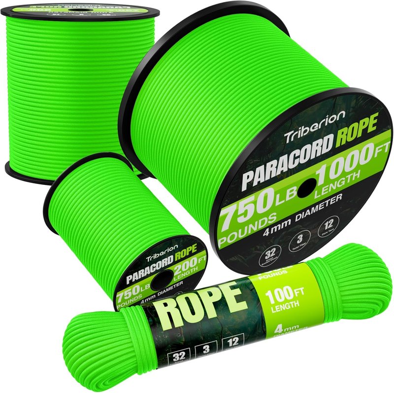 Paracord Rope 750 lb - 100ft Heavy Duty 12-Strand Parachute Cord | Neon Green for Camping, Survival Gear