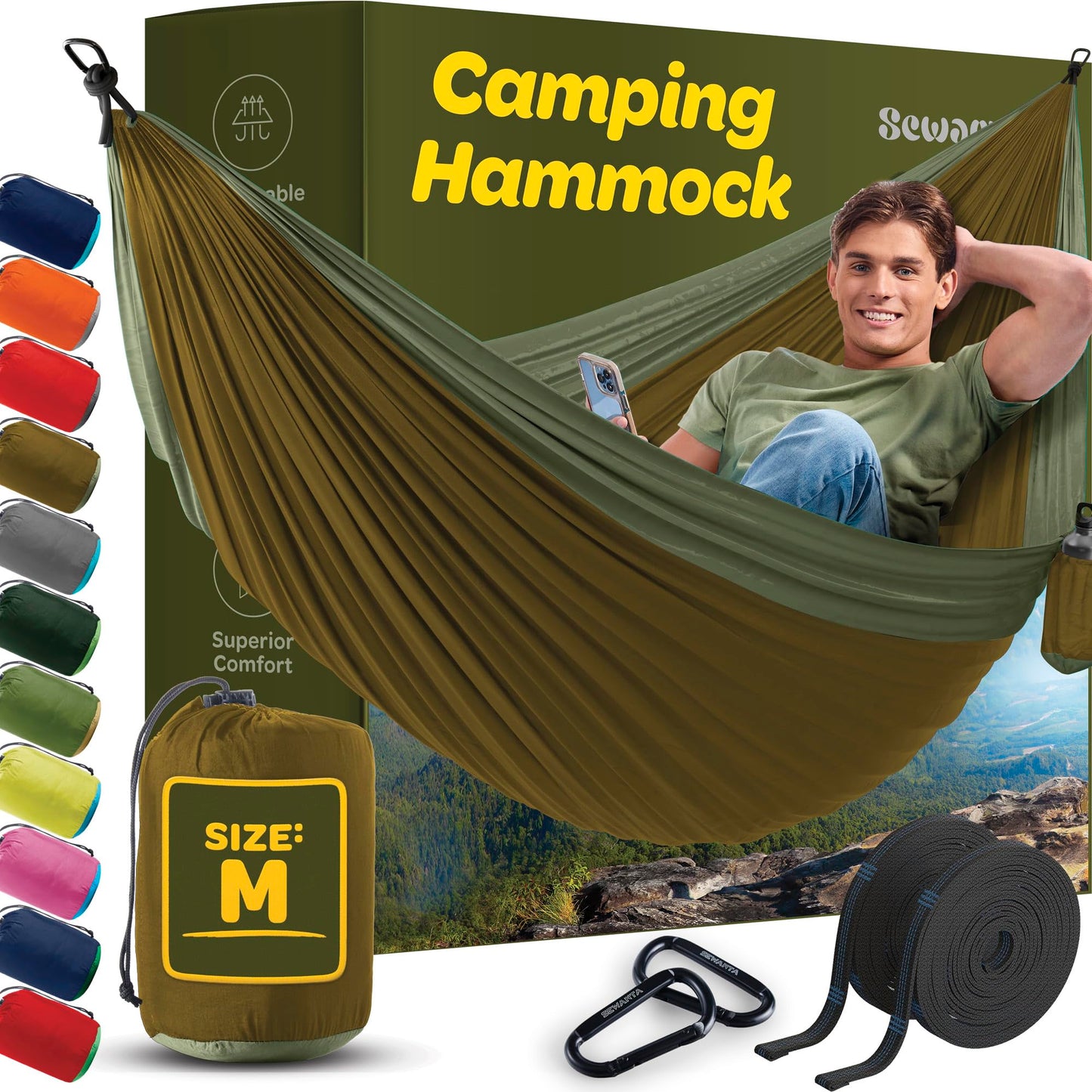 Durable Hammock 400 lb Capacity, Nylon Camping Hammock Chair - Double or Single Sizes w/Tree Straps and Attached Carry Bag - Portable for Travel/Backpacking/Beach/Backyard (Medium, Khaki & Dark Green)