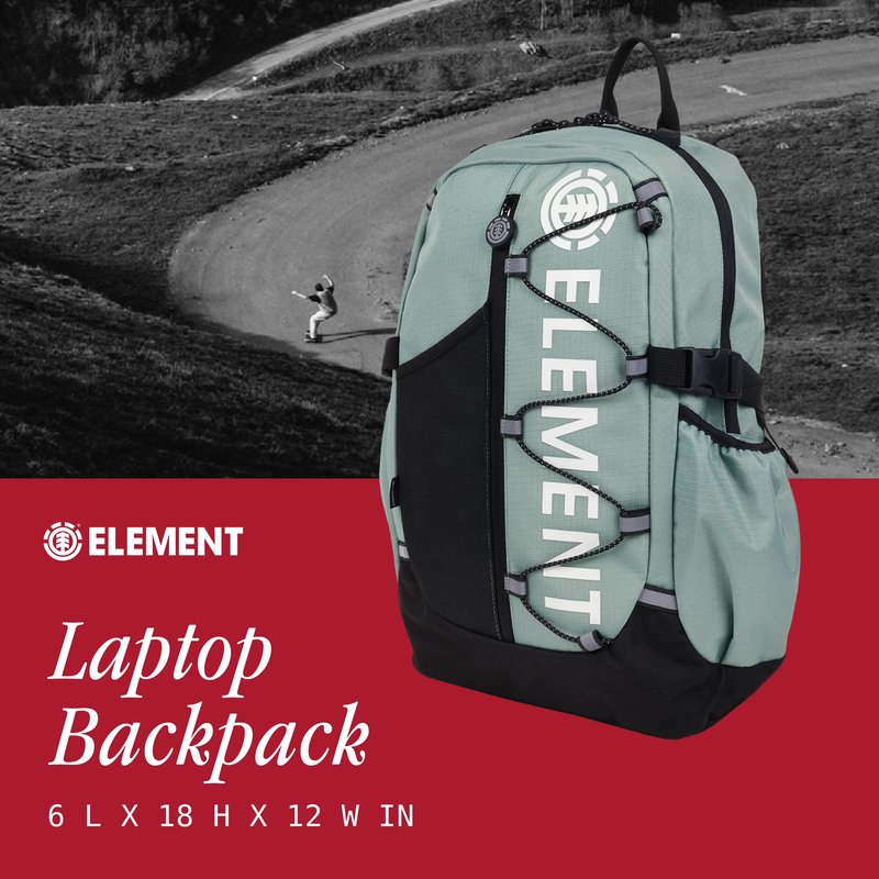 Element Backpack, Vertical Logo Skate Pack, Multi-Compartment Storage, Reflective Bungee Cord, Sage