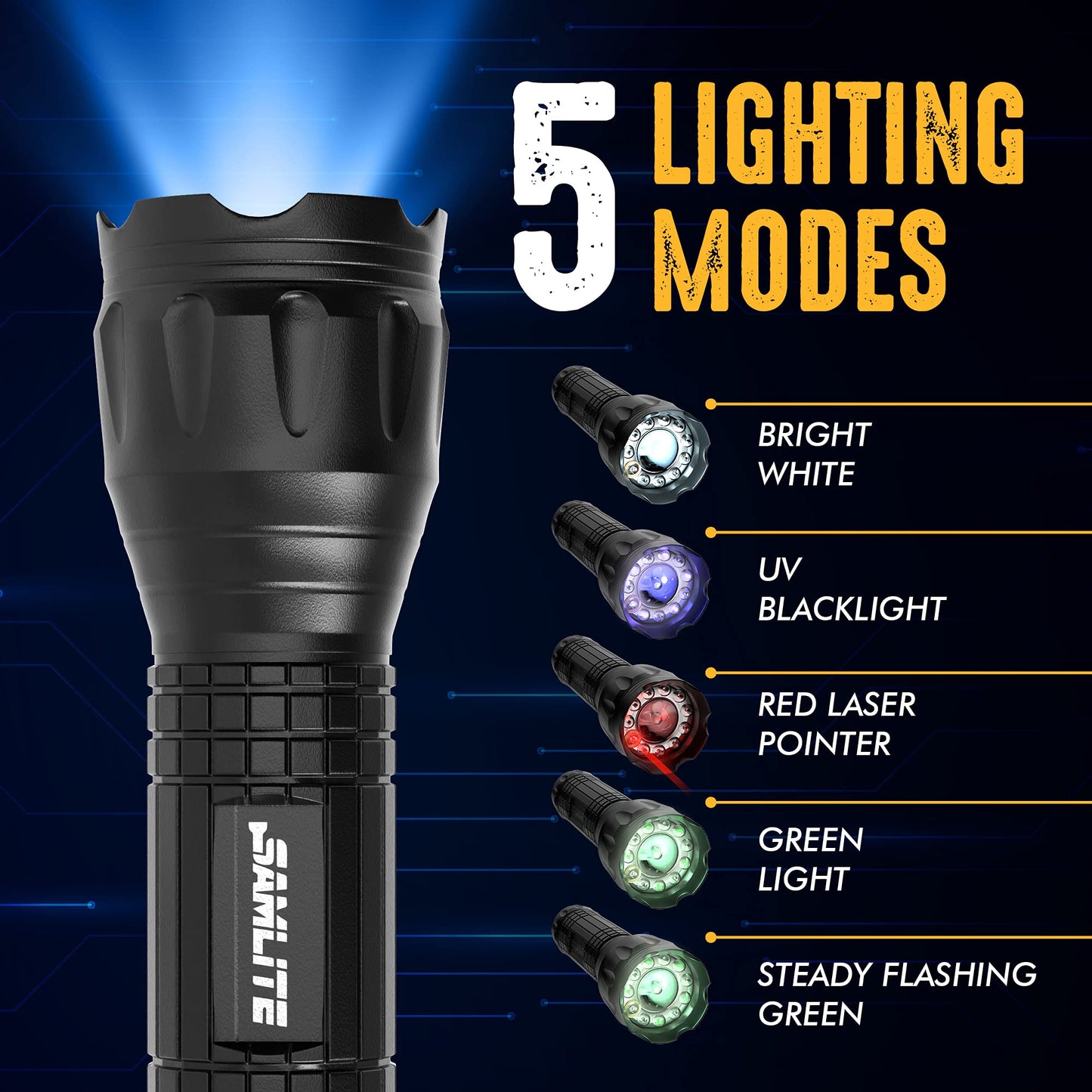 SAMLITE- LED Tactical Flashlight with 5 Options, Bright LED Light, Laser Pointer, UV Blacklight, Green Light and Magnetic Bottom - Water Resistant - (3 AAA Batteries Included)