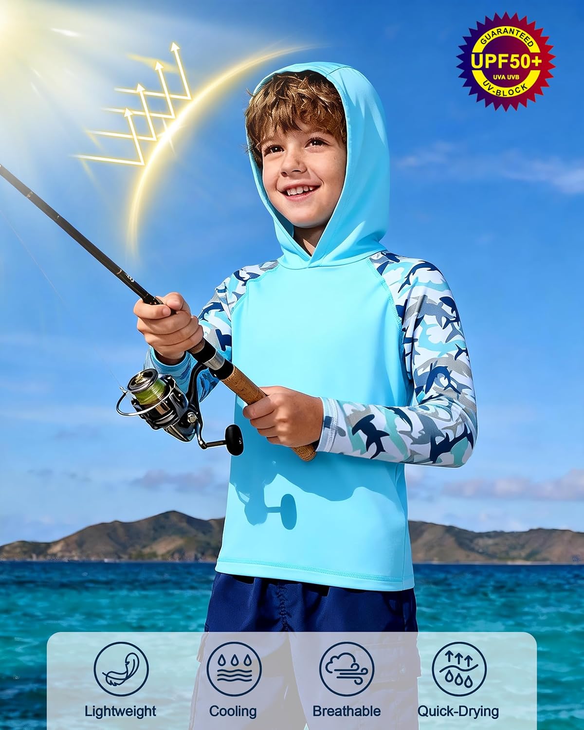 Boys Rash Guard Swim Hoodie - UPF 50+ UV Sun Protection Long Sleeve Fishing Shirt | Kids Youth SPF Water Shirt