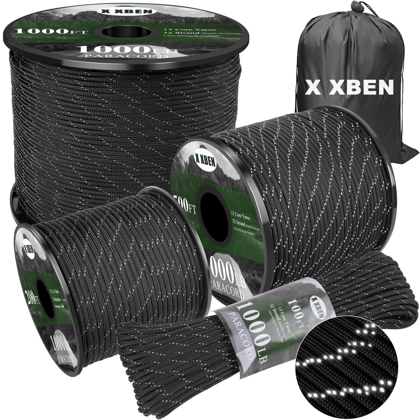 X XBEN Reflective Paracord 1000lb, 50/100/200/500/1000ft 4mm, 13 Strand Parachute Spool Cord, Heavy Duty Paracord Rope for Camping, Fishing, Hiking, Hunting, DIY Crafts, Black