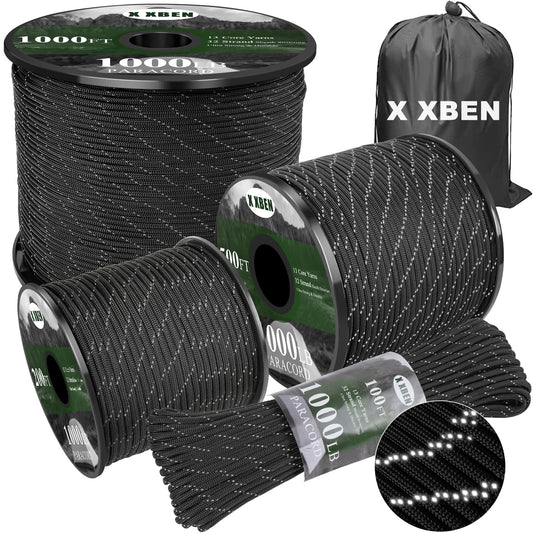 X XBEN Reflective Paracord 1000lb, 50/100/200/500/1000ft 4mm, 13 Strand Parachute Spool Cord, Heavy Duty Paracord Rope for Camping, Fishing, Hiking, Hunting, DIY Crafts, Black