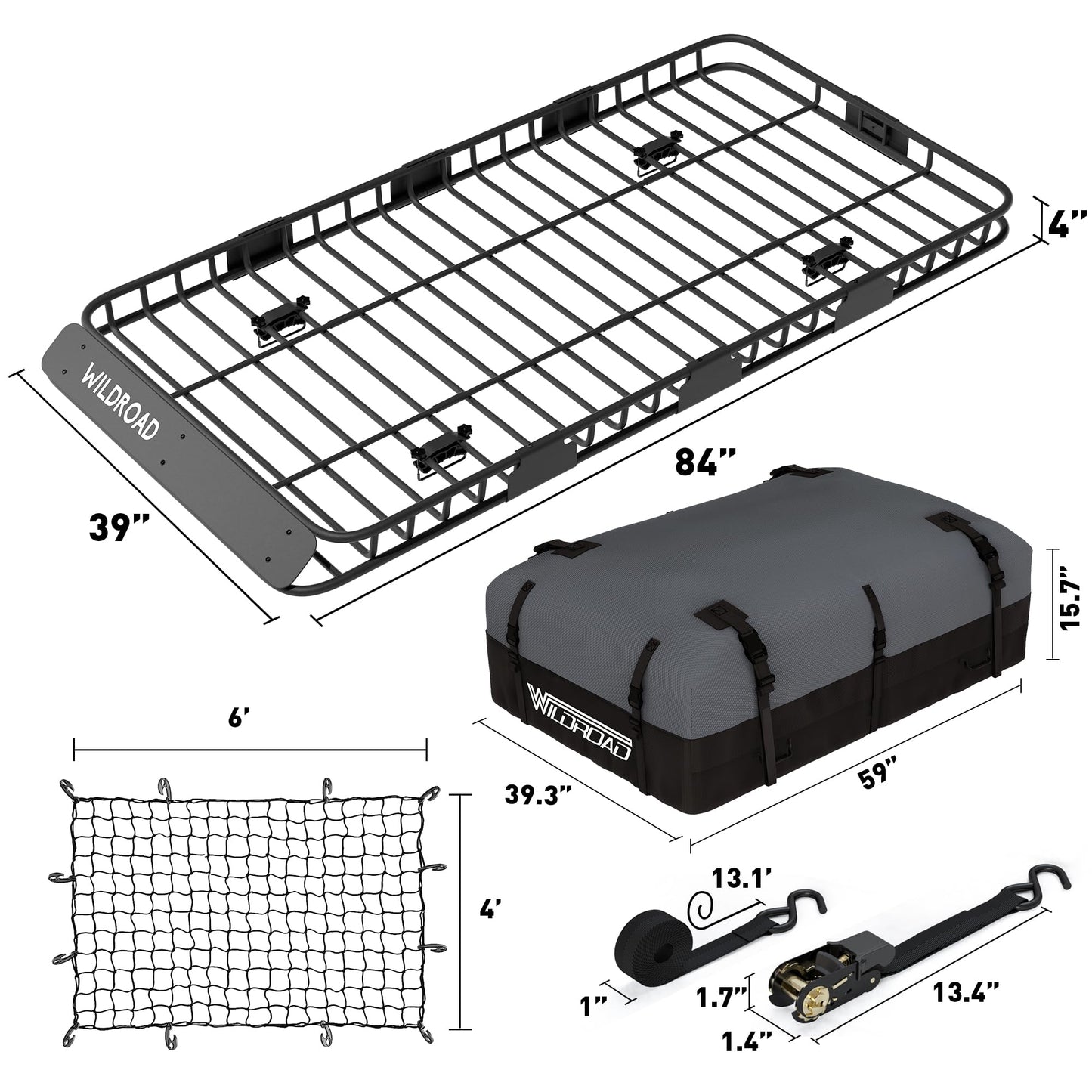 WILDROAD Car Roof Cargo Carrier Combo of Upgraded 84"x 39"x 4" Roof Rack Cargo Basket with 21 Cubic ft Cargo Carrier Bag, Super Duty Bungee Cargo Net and Ratchet Straps Fits for SUV Truck Cars