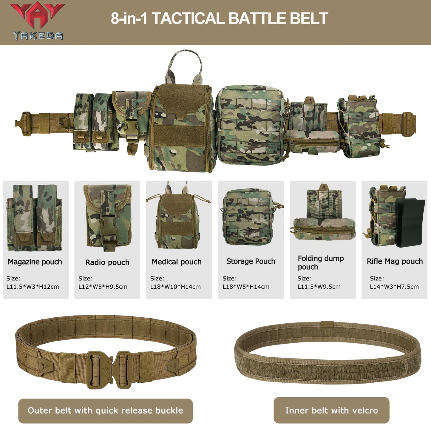 YAKEDA Tactical Molle Battle Belt -Airsoft Combat Belt Quick Release Rigger 1.75 Inch Inner & Oute EDC Belt Heavy Duty Belts for Men (CP)