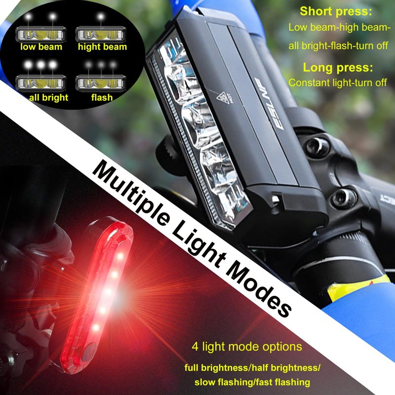Bright Bike Light Set for Night Riding,LED Bicycle Light High Beam Low Beam,USB Rechargeable Bicycle Headlight Set,Waterproof Bike Headlight and Taillight for Adult Kid Mountain MTB Off-Road Cycling