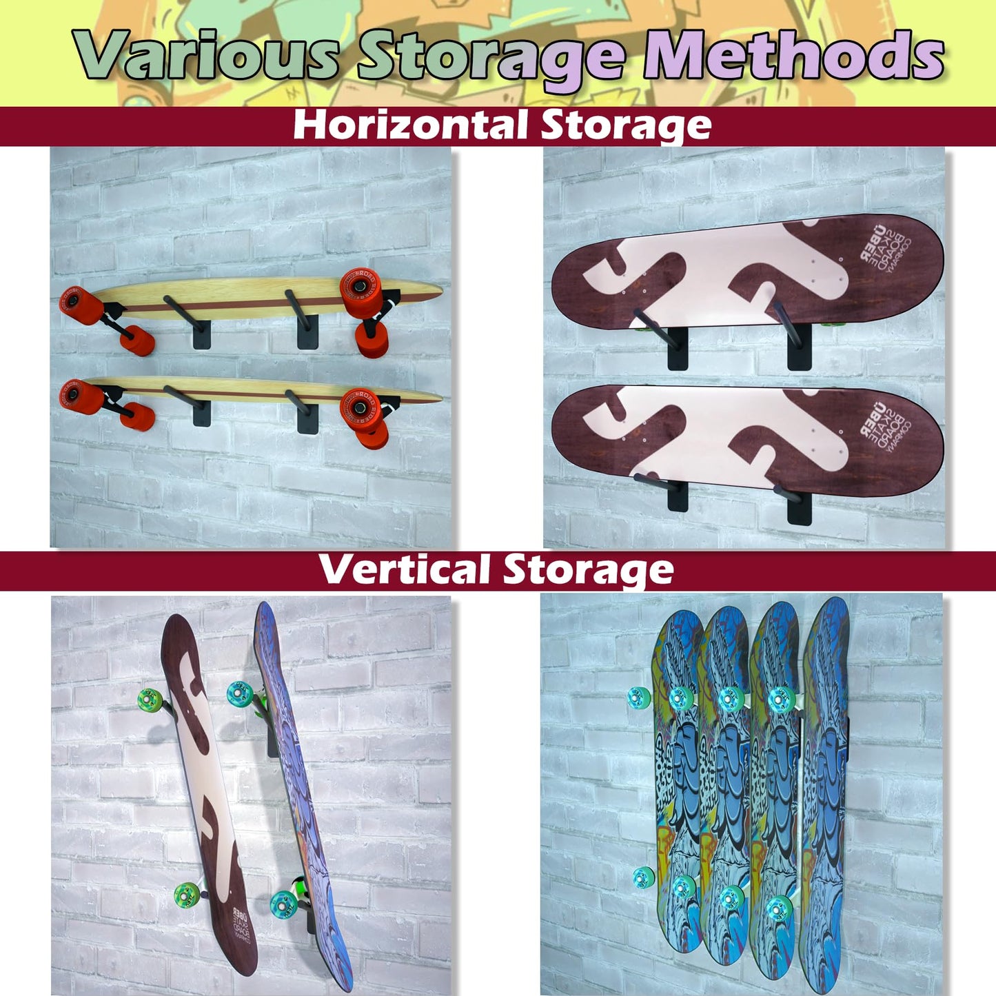 Lhysn Skateboard Wall Mount Skateboard Hanger Skate Deck Display Holder Skateboard Hook Ski Rack for Garage Longboard Rack Snowboard Storage (4pcs)