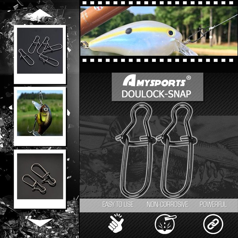 High Strength Fishing Snap Clips - Duo Lock Snap Swivel | Stainless Steel, Solid Black Nickel, 26lb-220lb