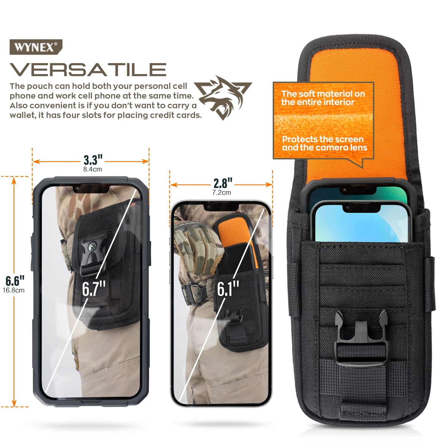 WYNEX Tactical Molle Phone Pouch with Compass Buckle, Tactical Phone Holster Molle Cell Phone Pouch Universal Belt Waist Bag for IP 15/14/13 Pro Max / S22/S21 with US Patch & Paracord Keyring Clip