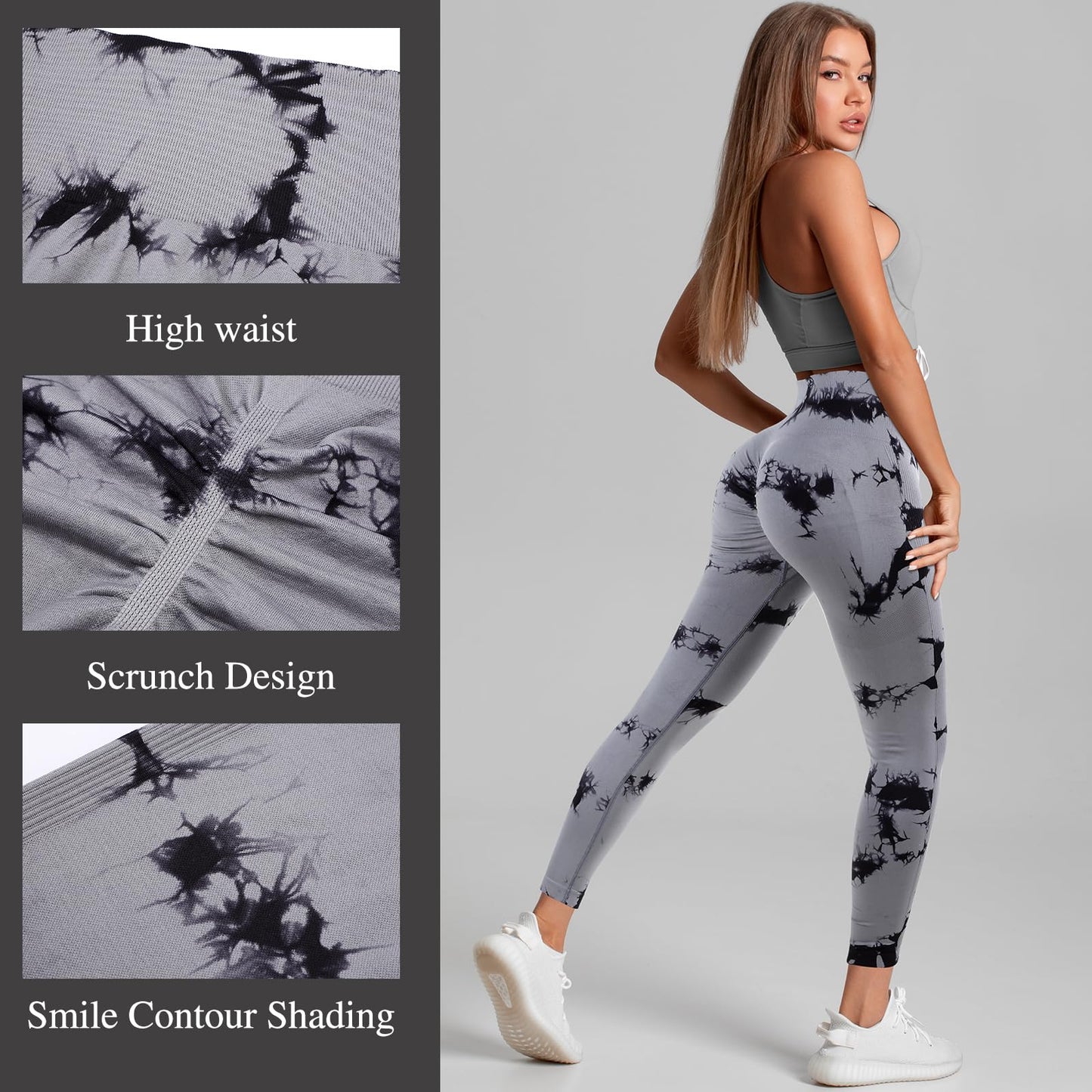 Mumucove 4 Pcs Womens Workout Leggings Tie Dye High Waisted Yoga Pants Seamless Scrunch Butt Lifting Compression Tights (Brown, Gray, Black, White,Large)