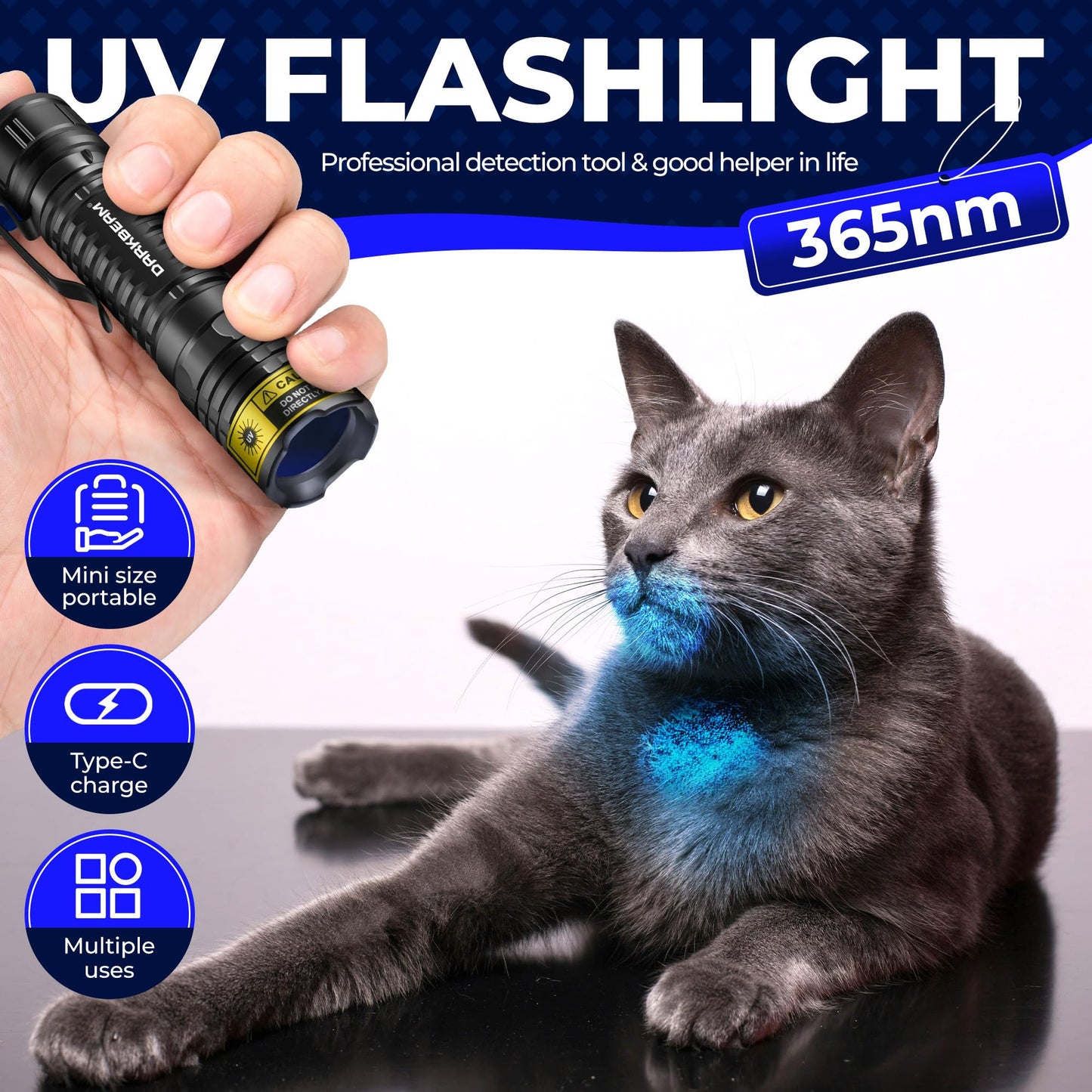 DARKBEAM UV Flashlight 365nm Blacklight LED Black Light, Mini but Powerful Woods Lamp Rechargeable Ultraviolet Flashlights USB -C, Pet Cat Urine Detector, for Uranium Glass, Rock, Resin Curing