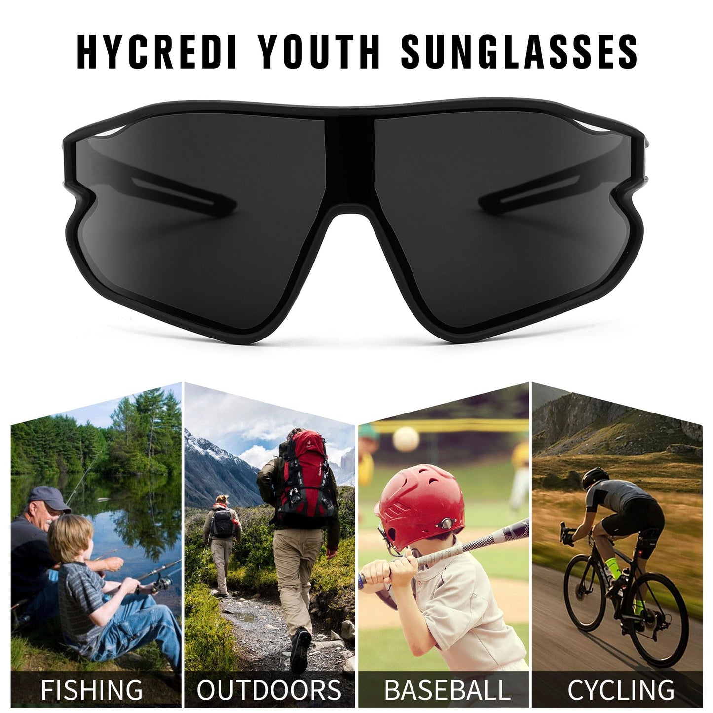 Kids Youth Baseball Sunglasses, Boys Girls Cycling Shades, UV400 Teens Sports Tennis Sun Glasses- Black/Gray