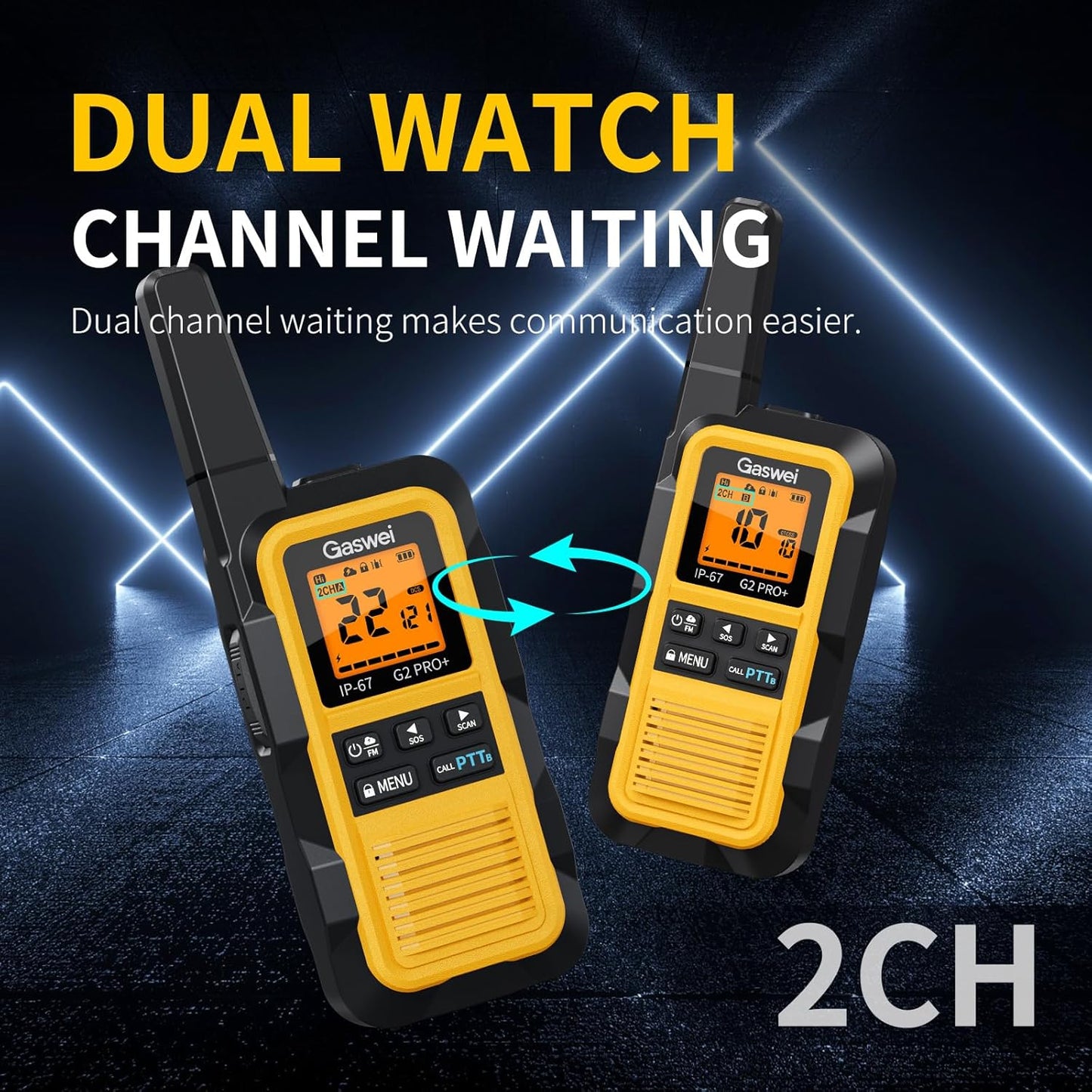 G2pro+ Waterproof Walkie Talkies - Long Range Heavy Duty Two-Way Radios | Rechargeable, FM Radio, SOS, NOAA Weather (2 Pack - Yellow)