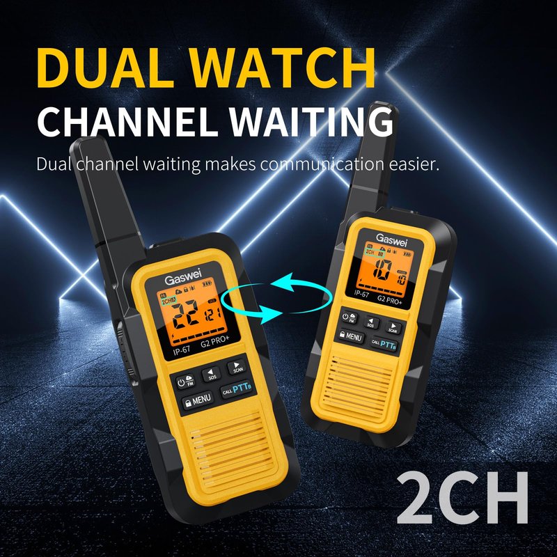 Gaswei G2pro+ IP67 Waterproof Floating Heavy Duty Walkie Talkies Long Range for Adults FRS Double PTT，FM radio,SOS,NOAA weather Rechargeable Two Way Radios 2 watts,VOX,Li-ion Battery (2 Pack - Yellow)