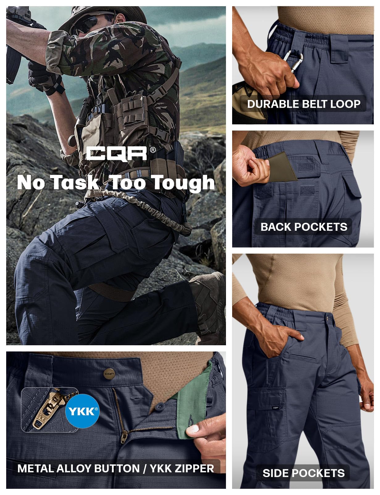CQR Men's Tactical Pants, Water Resistant Ripstop Cargo Pants, Lightweight EDC Work Hiking Pants, Outdoor Apparel, Raider Police Navy, 34W x 32L