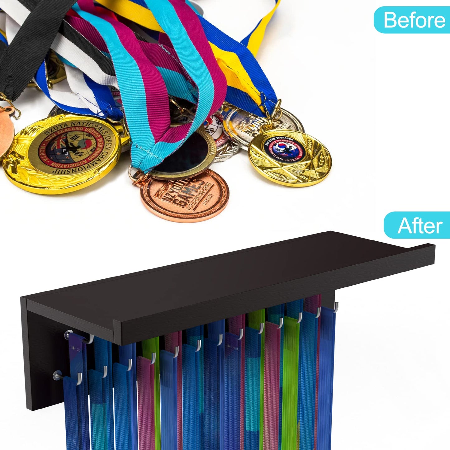 Purbambo Medal Hanger Display, Trophy Shelf with 25 Steel Hooks, Wall Mount Medals Holder for Gymnastics, Soccer, Running Awards - Dark Brown