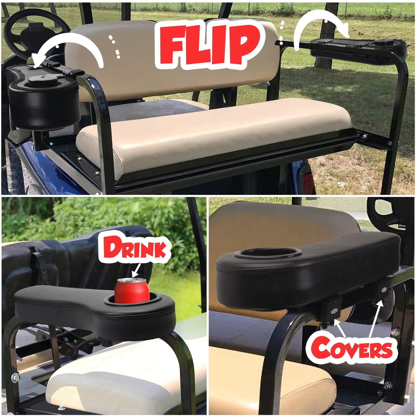 NOKINS Golf Cart Armrest with Cup Holder, Add Conjoined Support, Sturdy Without Tilting, No Drilling, for Club Car EzGo Yamaha Rear Seat Kit (Flip (Black))