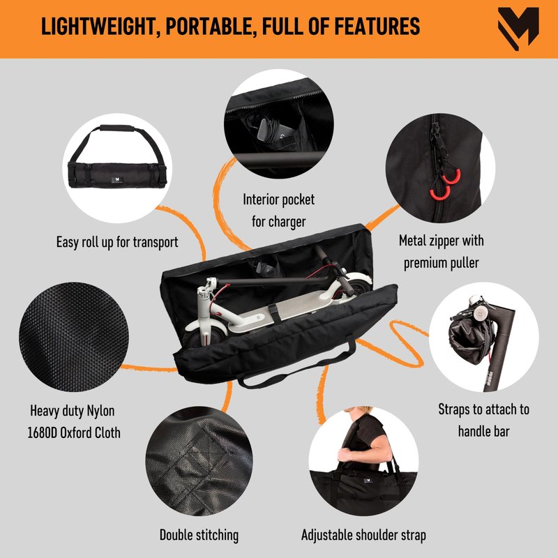 lamaki Electric Scooter Bag Transport & Storage - Universal Size - Heavy Duty Nylon 1680D, Foldable, Metal Zippers, Straps for Handle Bars - Electric Scooter Carrying Bag