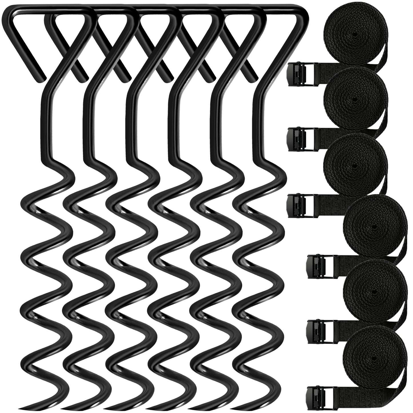 Trampoline Anchors & Stakes Kit with 6 Strong Belts, Heavy Duty Anchor Corkscrew Steel Ground Stakes for Trampolines, Garden & Outdoor Use,Black