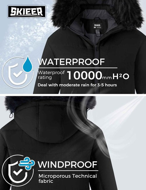 Skieer Women's Plus Size Winter Coats Windproof Waterproof Ski Jacket with Removable Hood(Black,4XL)