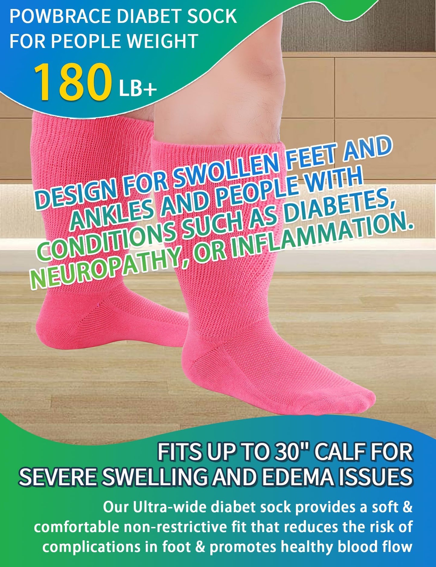 Powbrace 2 Pairs Wide Diabetic Socks for Men Women Plus Size, Pink
