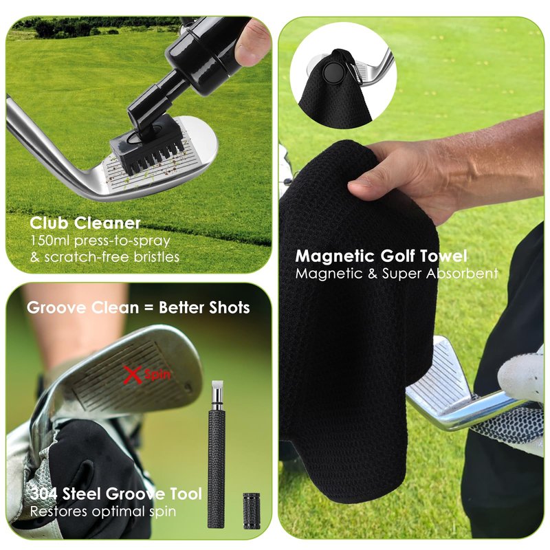 7-in-1 Golf Club Cleaning Kit - Club Cleaner, Grip Cleaner, Polish, Water-Spray Brush, Groove Cleaner, Magnetic Towel & Portable Bag | Restores Clubs, Removes Rust/Scratches, Renews Tackiness