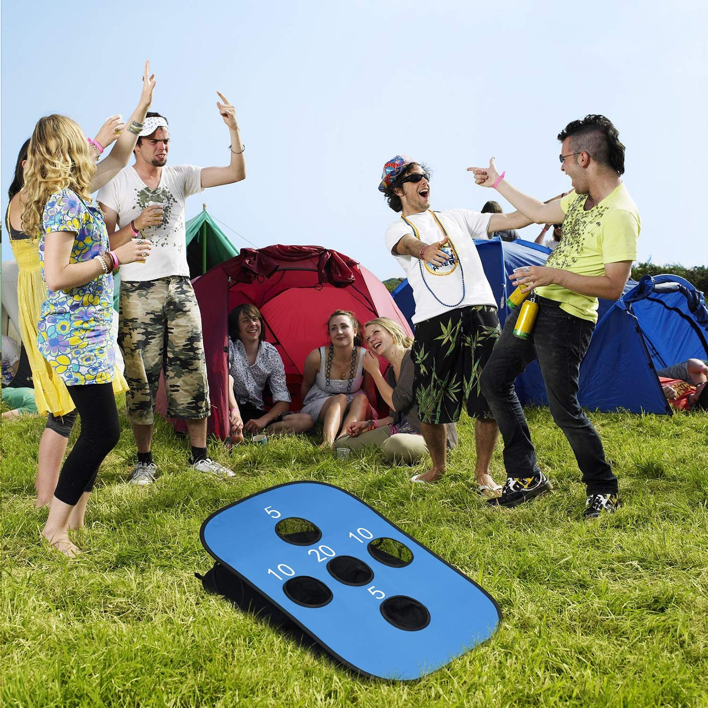 G4Free Portable Collapsible 5 Holes Cornhole Game Set with 8 Bean Bags Toss Game Size 3ft x 2ft for Camping Travel A-Red Blue