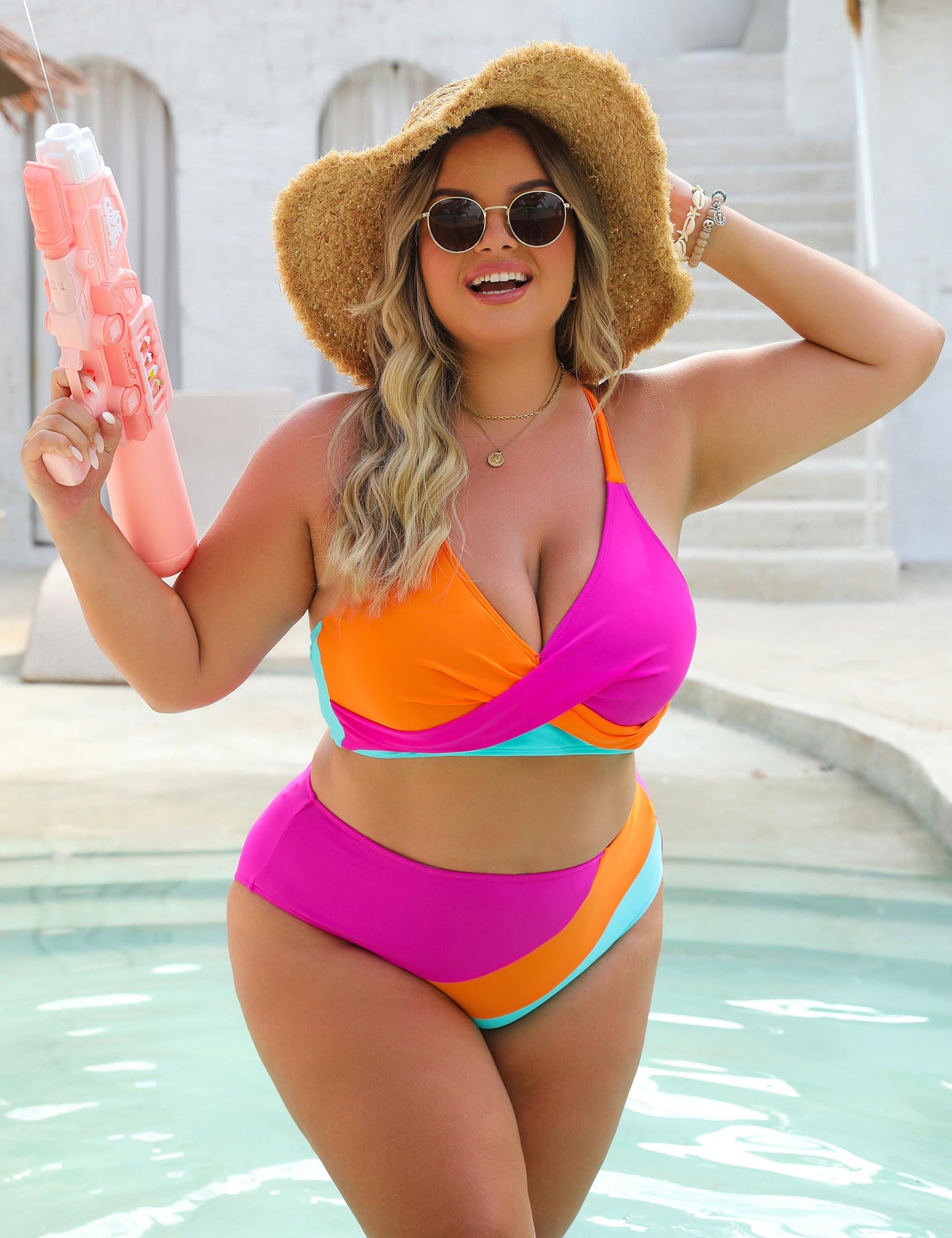 Blooming Jelly High Waisted Bikini Sets for Women Push Up 2 Piece Swimsuits Color Block Swim Suits 2025 (L, Orange Pink)